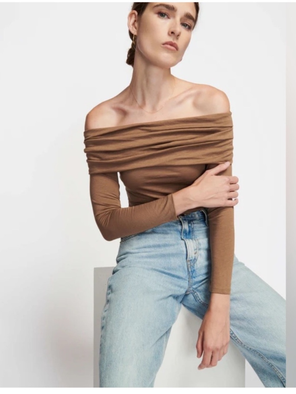 Nation LTD abana off the shoulder top tan beige brown size XS Pima cotton